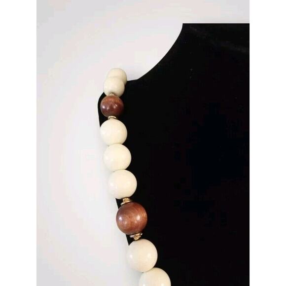 Les Bernard Inc Signed Wooden Bead Necklace 30" White/Brown - Picture 2 of 4